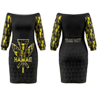 Personalised Aloha Hawaii Kahili Family Matching Off The Shoulder Long Sleeve Dress and Hawaiian Shirt Kanaka Maoli With Kakau Pattern LT05 Mom's Dress Black - Polynesian Pride