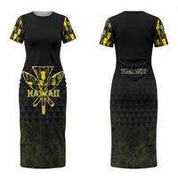 Personalised Aloha Hawaii Kahili Family Matching Short Sleeve Bodycon Dress and Hawaiian Shirt Kanaka Maoli With Kakau Pattern LT05 Mom's Dress Black - Polynesian Pride