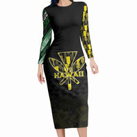 Personalised Aloha Hawaii Kahili Long Sleeve Bodycon Dress Kanaka Maoli With Kakau Pattern
