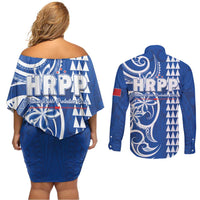 Samoa HRPP Party Couples Matching Off Shoulder Short Dress and Long Sleeve Button Shirt Polynesian Pattern - Polynesian Pride