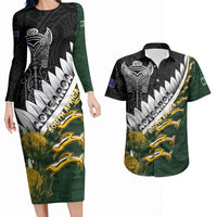 Custom Rugby New Zealand And South Africa Couples Matching Long Sleeve Bodycon Dress and Hawaiian Shirt Silver Fern With Springboks