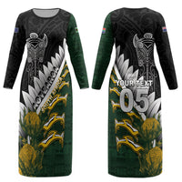 Custom Rugby New Zealand And South Africa Couples Matching Long Sleeve Bodycon Dress and Hawaiian Shirt Silver Fern With Springboks