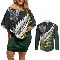 Custom Rugby New Zealand And South Africa Couples Matching Off Shoulder Short Dress and Long Sleeve Button Shirt Silver Fern With Springboks