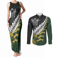Custom Rugby New Zealand And South Africa Couples Matching Tank Maxi Dress and Long Sleeve Button Shirt Silver Fern With Springboks