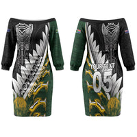 Custom Rugby New Zealand And South Africa Family Matching Off The Shoulder Long Sleeve Dress and Hawaiian Shirt Silver Fern With Springboks