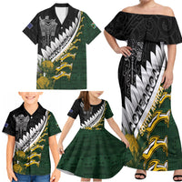 Custom Rugby New Zealand And South Africa Family Matching Off Shoulder Maxi Dress and Hawaiian Shirt Silver Fern With Springboks
