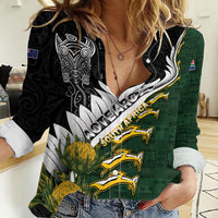Custom Rugby New Zealand And South Africa Women Casual Shirt Silver Fern With Springboks