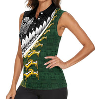 Custom Rugby New Zealand And South Africa Women Sleeveless Polo Shirt Silver Fern With Springboks