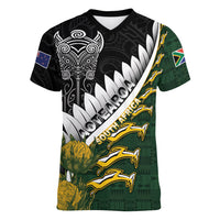 Custom Rugby New Zealand And South Africa Women V-Neck T-Shirt Silver Fern With Springboks
