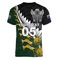 Custom Rugby New Zealand And South Africa Women V-Neck T-Shirt Silver Fern With Springboks