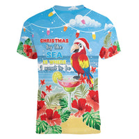 Hawaii Christmas Women V-Neck T-Shirt Funny Macaw Parrot Tropical Vibe