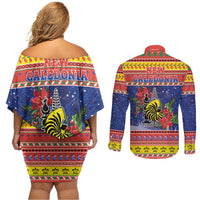 New Caledonia Christmas Couples Matching Off Shoulder Short Dress and Long Sleeve Button Shirt Kanaky Poinsettia Joyeux Noel