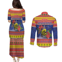 New Caledonia Christmas Couples Matching Puletasi and Long Sleeve Button Shirt Kanaky Poinsettia Joyeux Noel