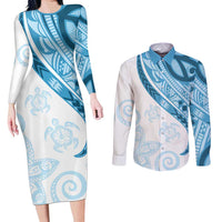 Blue Polynesian Tribal Turtle Floral Pattern Couples Matching Long Sleeve Bodycon Dress and Long Sleeve Button Shirt