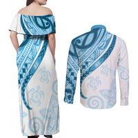 Blue Polynesian Tribal Turtle Floral Pattern Couples Matching Off Shoulder Maxi Dress and Long Sleeve Button Shirt