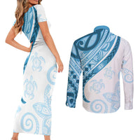 Blue Polynesian Tribal Turtle Floral Pattern Couples Matching Short Sleeve Bodycon Dress and Long Sleeve Button Shirt