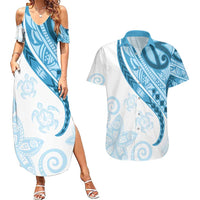 Blue Polynesian Tribal Turtle Floral Pattern Couples Matching Summer Maxi Dress and Hawaiian Shirt