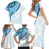 Blue Polynesian Tribal Turtle Floral Pattern Family Matching Short Sleeve Bodycon Dress and Hawaiian Shirt
