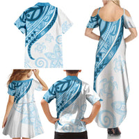 Blue Polynesian Tribal Turtle Floral Pattern Family Matching Summer Maxi Dress and Hawaiian Shirt