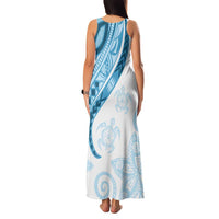 Blue Polynesian Tribal Turtle Floral Pattern Family Matching Tank Maxi Dress and Hawaiian Shirt