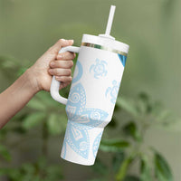 Blue Polynesian Tribal Turtle Floral Pattern Tumbler With Handle