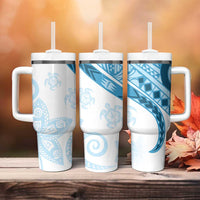 Blue Polynesian Tribal Turtle Floral Pattern Tumbler With Handle