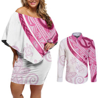 Rose Pink Polynesian Tribal Turtle Floral Pattern Couples Matching Off Shoulder Short Dress and Long Sleeve Button Shirt
