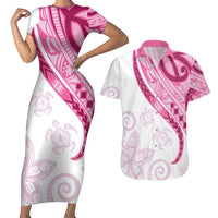 Rose Pink Polynesian Tribal Turtle Floral Pattern Couples Matching Short Sleeve Bodycon Dress and Hawaiian Shirt