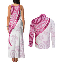 Rose Pink Polynesian Tribal Turtle Floral Pattern Couples Matching Tank Maxi Dress and Long Sleeve Button Shirt
