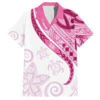Rose Pink Polynesian Tribal Turtle Floral Pattern Family Matching Off The Shoulder Long Sleeve Dress and Hawaiian Shirt