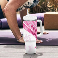 Rose Pink Polynesian Tribal Turtle Floral Pattern Tumbler With Handle
