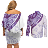 Purple Polynesian Tribal Turtle Floral Pattern Couples Matching Off Shoulder Short Dress and Long Sleeve Button Shirt