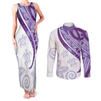 Purple Polynesian Tribal Turtle Floral Pattern Couples Matching Tank Maxi Dress and Long Sleeve Button Shirt