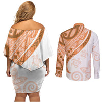 Orange Polynesian Tribal Turtle Floral Pattern Couples Matching Off Shoulder Short Dress and Long Sleeve Button Shirt
