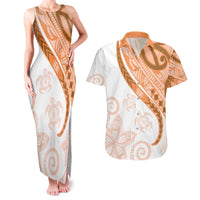 Orange Polynesian Tribal Turtle Floral Pattern Couples Matching Tank Maxi Dress and Hawaiian Shirt