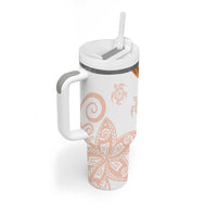 Orange Polynesian Tribal Turtle Floral Pattern Tumbler With Handle