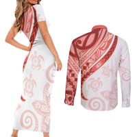 Coral Red Polynesian Tribal Turtle Floral Pattern Couples Matching Short Sleeve Bodycon Dress and Long Sleeve Button Shirt