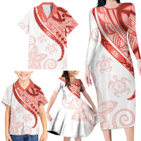 Coral Red Polynesian Tribal Turtle Floral Pattern Family Matching Long Sleeve Bodycon Dress and Hawaiian Shirt LT05 - Polynesian Pride