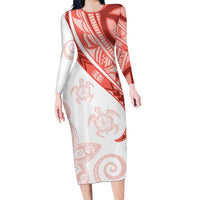 Coral Red Polynesian Tribal Turtle Floral Pattern Family Matching Long Sleeve Bodycon Dress and Hawaiian Shirt LT05 Mom's Dress Red - Polynesian Pride