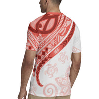 Coral Red Polynesian Tribal Turtle Floral Pattern Rugby Jersey