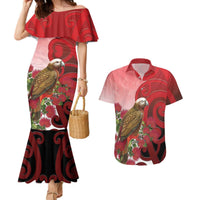 New Zealand Parrot Kaka Couples Matching Mermaid Dress and Hawaiian Shirt Maori Koru With Pohutukawa Flowers LT05 Red - Polynesian Pride