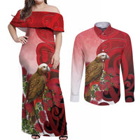 New Zealand Parrot Kaka Couples Matching Off Shoulder Maxi Dress and Long Sleeve Button Shirt Maori Koru With Pohutukawa Flowers LT05 Red - Polynesian Pride