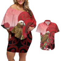 New Zealand Parrot Kaka Couples Matching Off Shoulder Short Dress and Hawaiian Shirt Maori Koru With Pohutukawa Flowers LT05 Red - Polynesian Pride