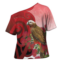 New Zealand Parrot Kaka Cross Shoulder Shirt Maori Koru With Pohutukawa Flowers - Polynesian Pride