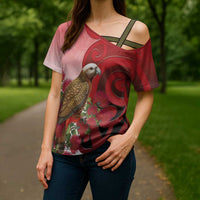 New Zealand Parrot Kaka Cross Shoulder Shirt Maori Koru With Pohutukawa Flowers - Polynesian Pride