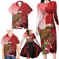 New Zealand Parrot Kaka Family Matching Long Sleeve Bodycon Dress and Hawaiian Shirt Maori Koru With Pohutukawa Flowers LT05 - Polynesian Pride