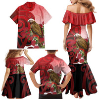 New Zealand Parrot Kaka Family Matching Mermaid Dress and Hawaiian Shirt Maori Koru With Pohutukawa Flowers LT05 - Polynesian Pride