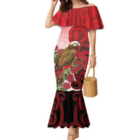 New Zealand Parrot Kaka Family Matching Mermaid Dress and Hawaiian Shirt Maori Koru With Pohutukawa Flowers LT05 Mom's Dress Red - Polynesian Pride