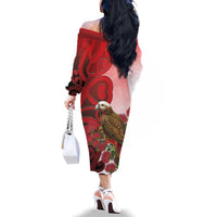 New Zealand Parrot Kaka Family Matching Off The Shoulder Long Sleeve Dress and Hawaiian Shirt Maori Koru With Pohutukawa Flowers LT05 - Polynesian Pride
