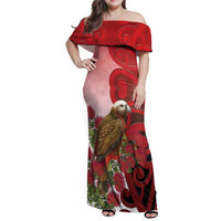 New Zealand Parrot Kaka Family Matching Off Shoulder Maxi Dress and Hawaiian Shirt Maori Koru With Pohutukawa Flowers LT05 Mom's Dress Red - Polynesian Pride